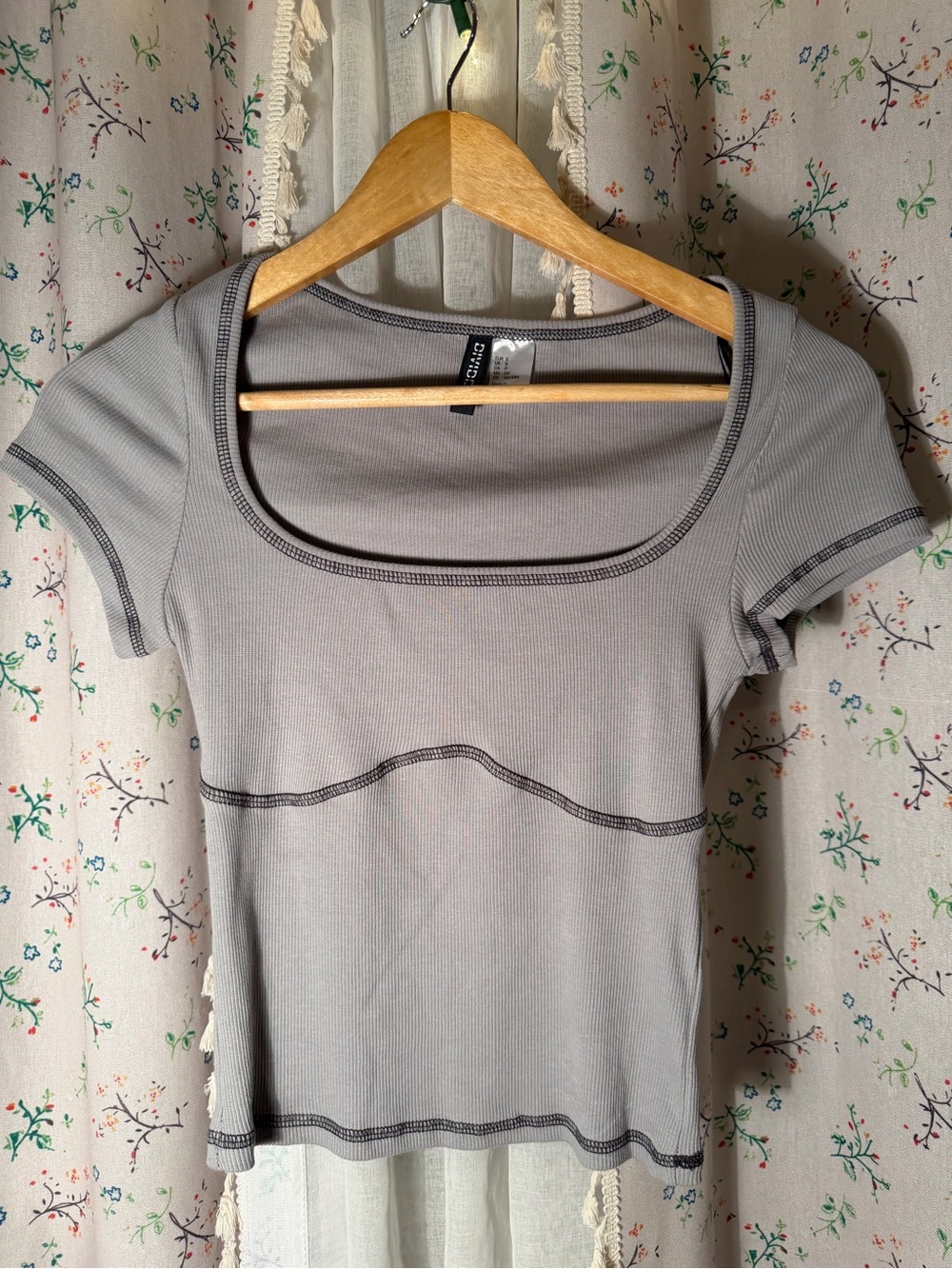 Gray Ribbed Scoop Neck Short Sleeve Top - H&M